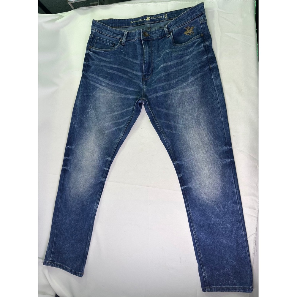 Beverly Hills Polo Club Men's Jeans Blue Acid Wash Whiskered Straight Leg 38x30